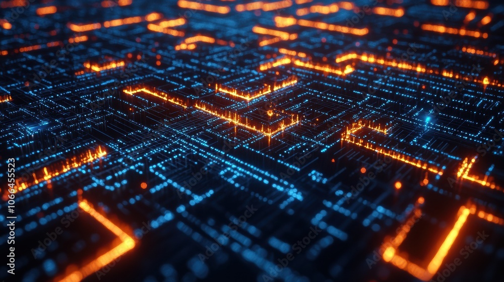 Poster abstract digital circuit pattern with glowing lines