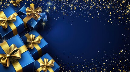 A festive arrangement of beautifully wrapped gift boxes in blue and gold against a dreamy sparkling background. Perfect for holiday celebrations.