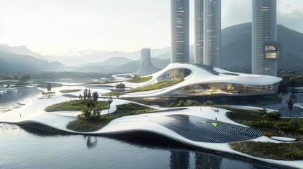 Futuristic Architecture by the Water in a Scenic Landscape