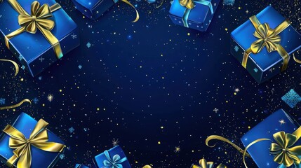 An elegant arrangement of blue gift boxes with golden ribbons against a starry night background, creating a festive atmosphere.
