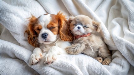 Adorable Cavalier King Charles Spaniel Puppy and Tiny Kitten Snuggling Together with a Toy Bear Under a Soft White Blanket in a Cozy Home Setting