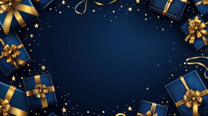An artistic arrangement of beautifully wrapped blue gifts with golden ribbons against a dark blue background, adorned with sparkling stars and ribbons.