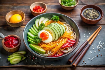 Aerial Panoramic Shot of Chogyeguksu, Korean Cold Noodle Dish with Colorful Toppings and Presentation for Summer Dining Experience