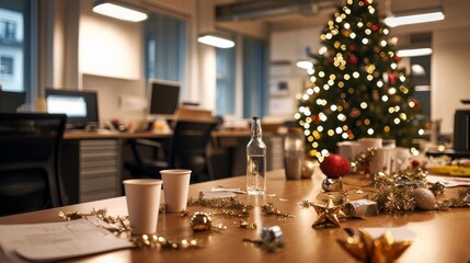 A festive office space left with Christmas party remnants, featuring a decorated tree in the background and assorted cups and festive decorations scattered around.