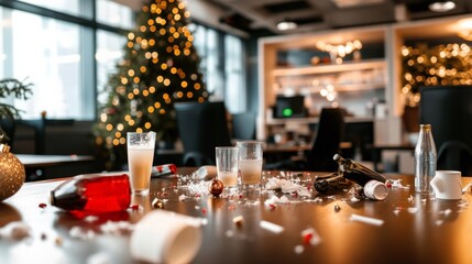 An office space showing signs of a Christmas party, with decorations and beverages scattered across tables, under the soft glow of a decorated tree in the corner.