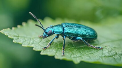 Fototapeta premium A vibrant blue beetle perched on a green leaf, showcasing its intricate details and shimmering exoskeleton against a blurred leafy backdrop.