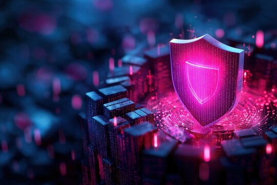 A digital shield glowing in pink and blue tones, symbolizing cybersecurity. Perfect for illustrating cybersecurity concepts.