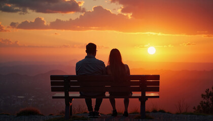 Obraz premium A romantic sunset embrace shared by a couple on a tranquil evening at the hilltop bench