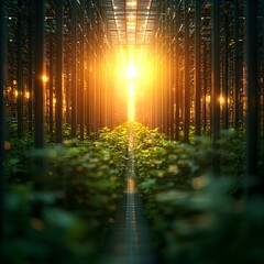 Naklejka premium Sunlight streaming through a greenhouse filled with plants