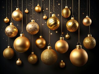 Aerial View of Golden Christmas Baubles Hanging Against a Black Background for Holiday Celebrations, Perfect as a Greeting Card or Banner Template for the Festive Season