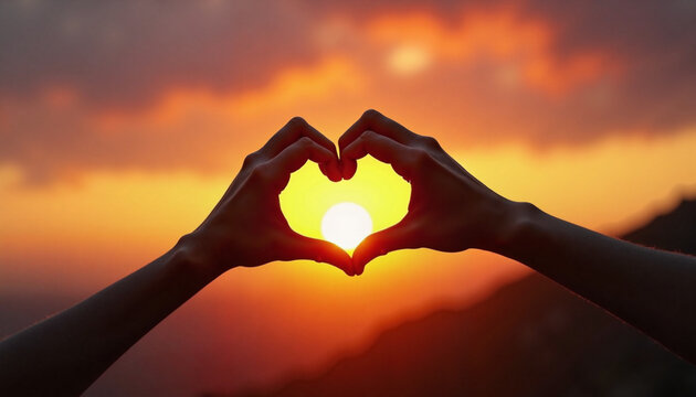 Capturing the warmth of a love story with hands forming a heart around a stunning sunset in the evening sky