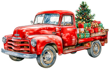 Watercolor illustration of the red truck with a Christmas tree and presents on the back on a white background.