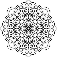 Circular mandala black outline, mandala for tattoo design, line art ornamental drawing