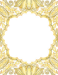 Indian style ornamental background template, frame for invitation, cards, banners, yellow gold