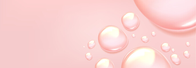 Pink pastel background with water droplets frame. Realistic 3d vector illustration of horizontal bg with oil or gel drops on glass window surface. clean rain or condensation splash and puddle border.