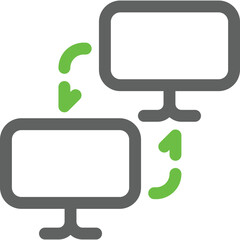 Two computer monitors interacting with each other through data exchange in a modern workspace environment during the day