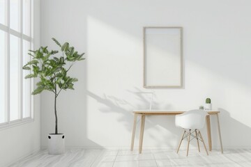 3D rendering of an empty picture frame on the wall in front, simple desk with white chair and plant beside it, light wood color furniture, white walls