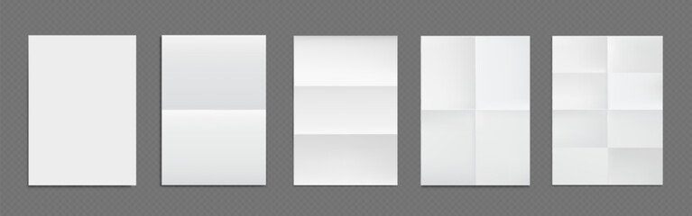 Folded paper sheets set isolated on transparent background. Vector realistic illustration of blank white pages with fold lines, empty backdrop for old document, letter or leaflet, worn poster mockup