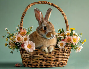 rabbit in a basket with flowers. Cute pet