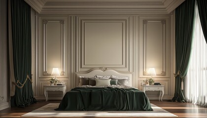Timeless bedroom decor with ivory panels and dark green curtains in a front perspective.