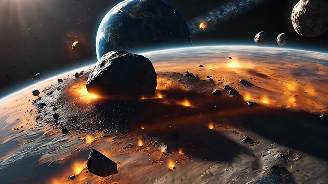 Spectacular scene of asteroid colliding with planet, illustrating a catastrophic cosmic event with fire, debris, and energy, capturing the intensity of an apocalyptic space impact