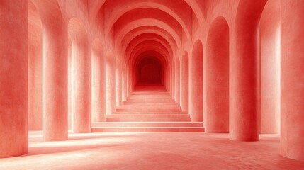 Fototapeta premium Pink arched hallway leading to a light at the end of the tunnel.