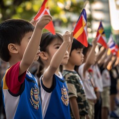 Fototapeta premium children playing with flags