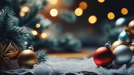 Christmas decorations arranged on a table with a Christmas tree