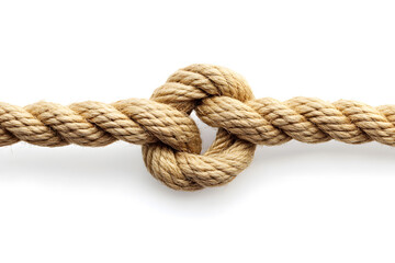 Strong rope with a tight knot isolated on a white background, symbolizing strength, connection, security, and reliability. Perfect for concepts like unity, tension, and resilience