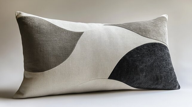 A white rectangular pillow with grey and black geometric shapes on it.