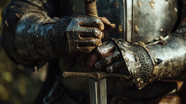 A close-up of a knight's hands gripping the hilt of a sword, showcasing intricate details of the weapon and armor, conveying the weight of responsibility and honor that comes with knighthood.