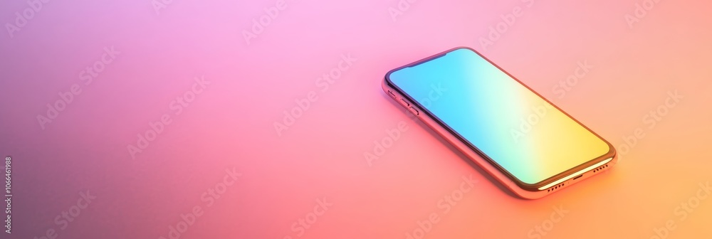 Poster modern smartphone with gradient colors on screen laying on surface with pink and orange light, repre