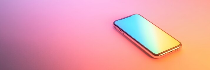 Modern smartphone with gradient colors on screen laying on surface with pink and orange light, representing mobile technology, apps, and social media marketing