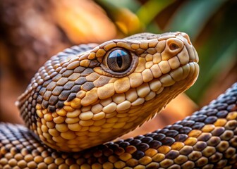 Obraz premium Captivating Close-Up of a South American Bushmaster Snake at the Zoo Showcasing Intricate Scales and Intense Eyes, Perfect for Wildlife Enthusiasts and Nature Lovers