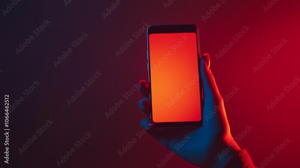 Poster woman is holding a smartphone with a red screen in a neon light environment, creating a vibrant and 
