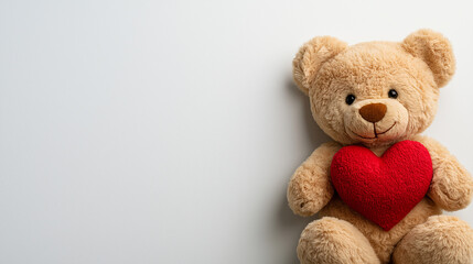 Obraz premium A Teddy bear with a red heart is isolated over a white background. Valentine's Day concept