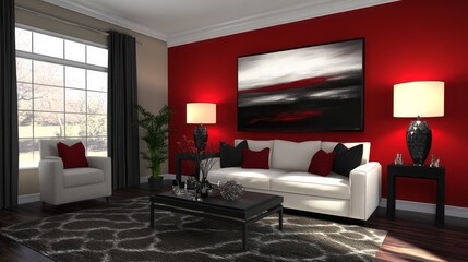 Modern living room interior with a white sofa, black and red accents, and a large painting.