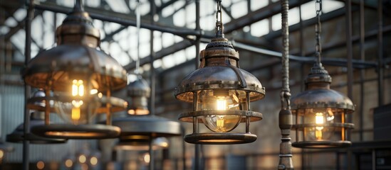 Capture the essence of industrial design with a picture showing pendant ceiling lights blending metal fixtures with vintage bulbs for a rugged yet stylish appearance in the copy space image
