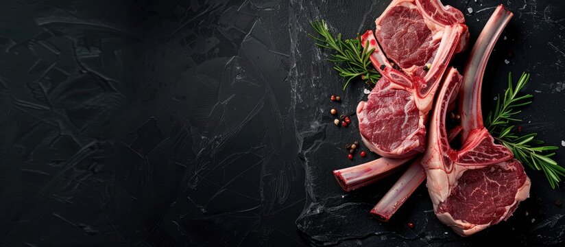 Top view of raw lamb chops and fresh mutton cutlets on ribs with a dark background offering ample copy space image