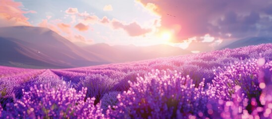 Naklejka premium Eco farming of lavender under the summer sun creating a serene lavender landscape with copy space image