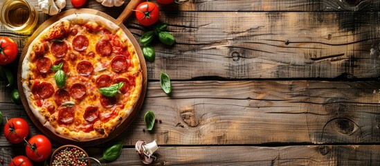 Celebrate Global Pizza Day with a delicious homemade pizza topped with salami or pepperoni on a rustic wooden table surrounded by ingredients perfect for a copy space image
