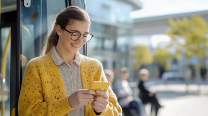 A smiling woman in a yellow cardigan checks her phone while standing by a bus stop, with people seated in the background on a sunny day.