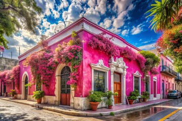 Obraz premium Captivating Double Exposure Photography of a Pink House on a Street in Merida, Yucatan, Mexico, Capturing the Essence of March 9, 2024, with Vibrant Colors and Cultural Richness