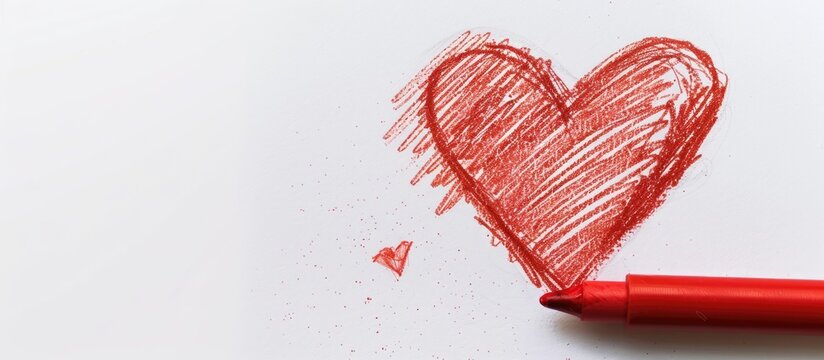 A realistic red marker drawing of a heart on white isolated background with red chalk Hand painted red marker on paper with copy space image