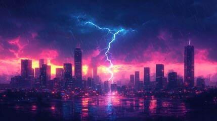 Fototapeta premium lightning bolt over city. Lightning flash bolt or thunderbolt