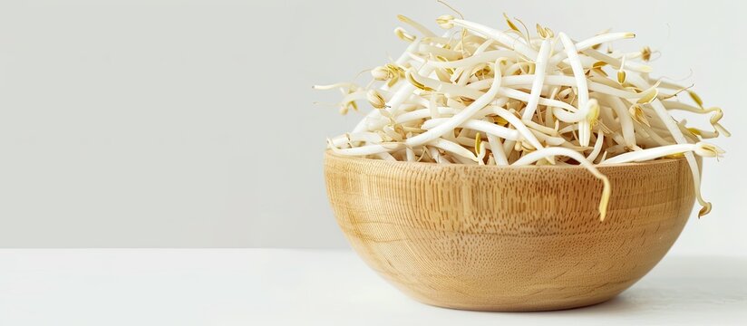 Wooden bowl filled with bean sprouts arranged on a white backdrop with copy space image