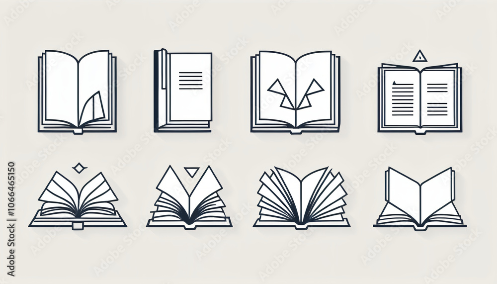 Aufkleber A minimalist icon set featuring open book illustrations with geometric shapes and simple lines for a clean design aesthetic._00001_