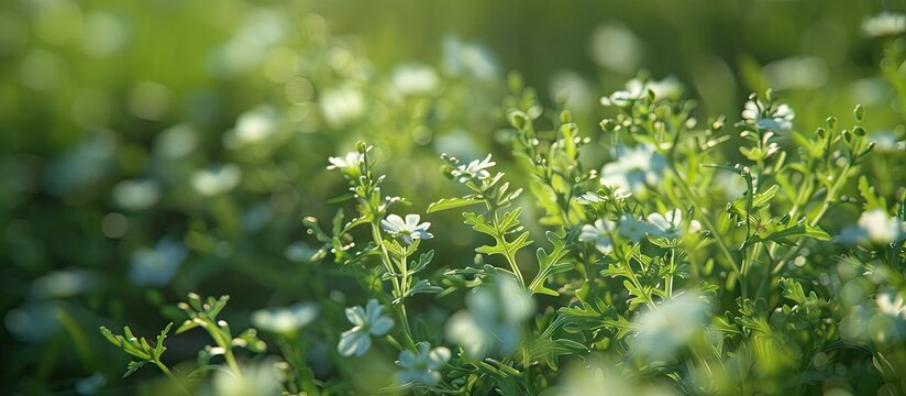 Wild rocket or Diplotaxis tenuifolia displays blooming arugula flowers in a close up view with selective focus allowing for a copy space image