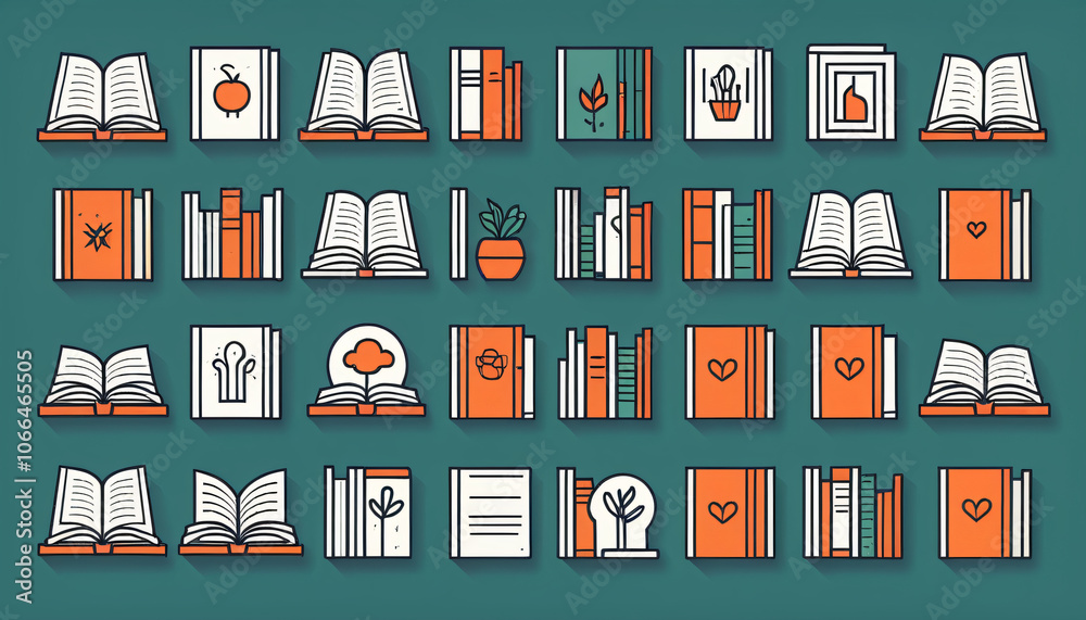 Poster A collection of simple linear icons is included with a set of books that feature various themes and illustrations._00001_