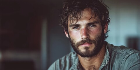 Fototapeta premium A close-up portrait of a man with tousled hair and a rugged beard, wearing a casual shirt unbuttoned at the collar.